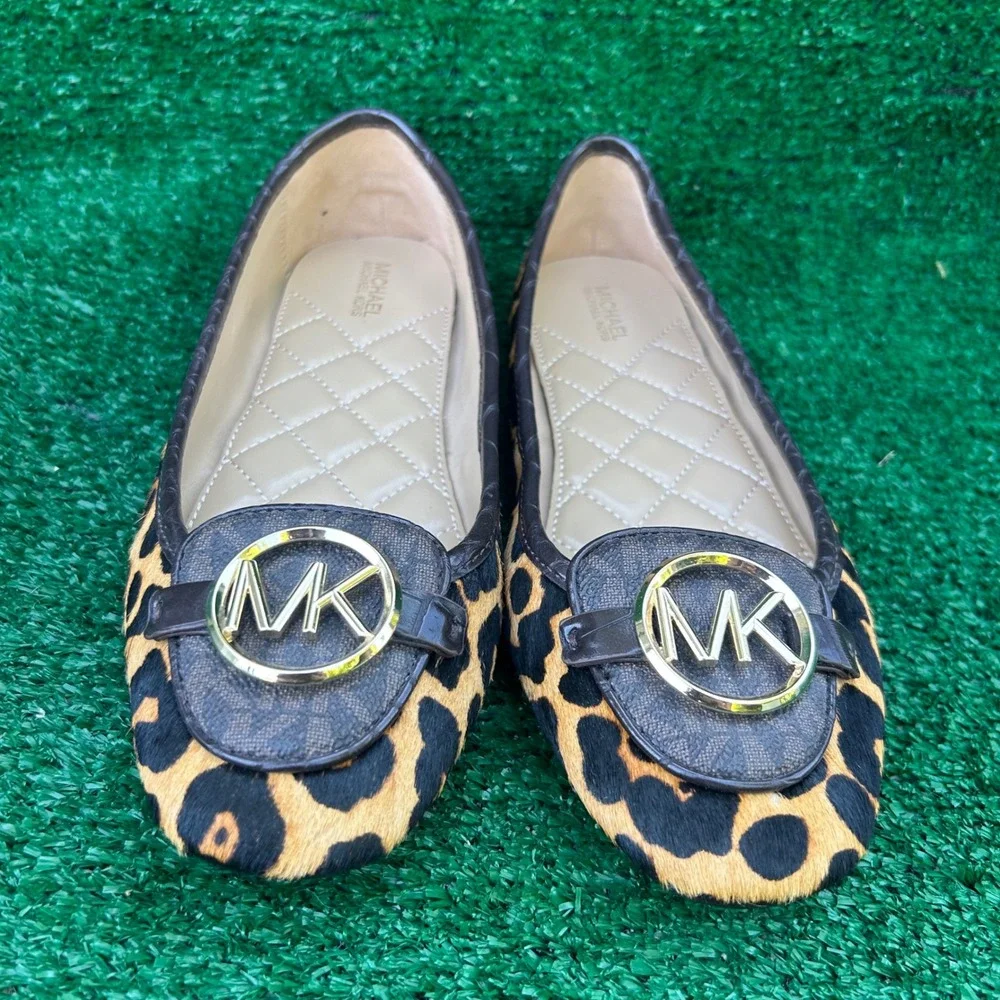 Michael Kors Fulton Leopard Haircalf Ballet Flats MK Logo Medallion Brown 7.5M